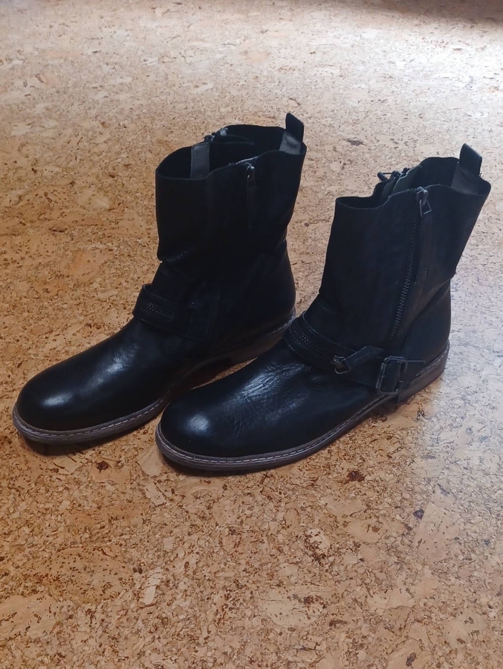 Paul Green Men's Black Leather Double Zip Moto Boots Size 8